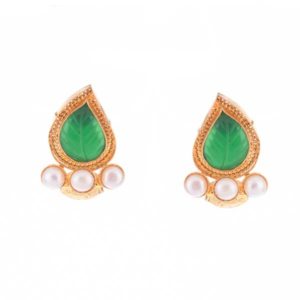 Green Carved Leaf Pearl Studs