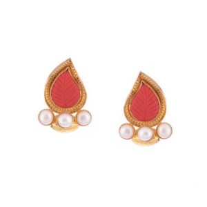 Red Carved Leaf Pearl Studs